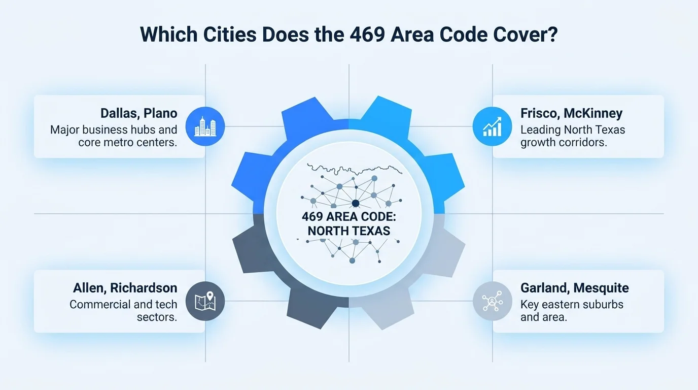 Major cities covered by the 469 area code across the Dallas-Fort Worth Metroplex