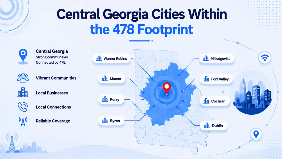 Map of the 478 area code coverage across central Georgia, showing Macon, Warner Robins, and surrounding counties