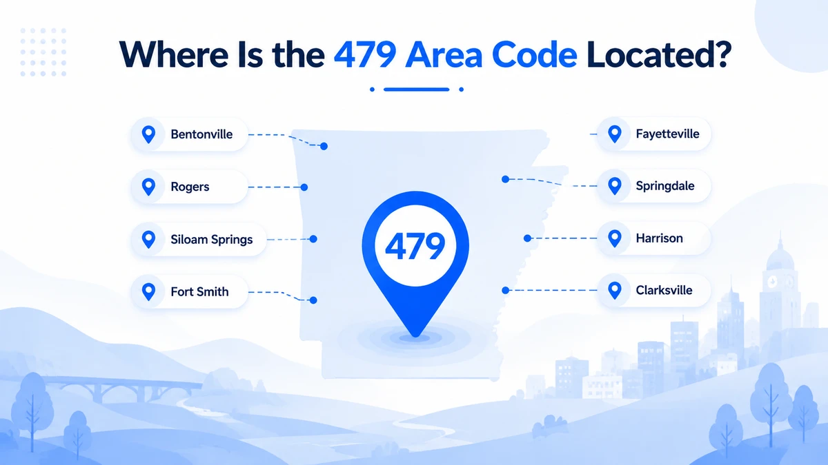 479 area code cities — Fayetteville, Bentonville, Fort Smith, Springdale, Rogers, Van Buren, Siloam Springs, Harrison, Russellville, Clarksville across northwest Arkansas and the Arkansas River Valley