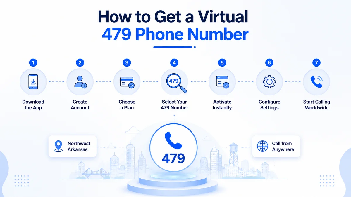 How to get a virtual 479 phone number — download the app, select a northwest Arkansas number, activate instantly and start calling Bentonville buyers and Fayetteville clients from anywhere