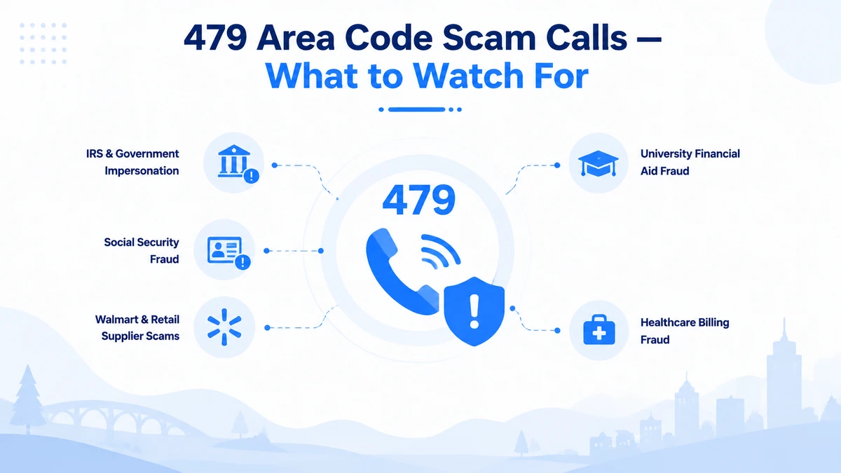 479 area code scam calls — IRS impersonation, Social Security fraud, Walmart supplier scams, university financial aid fraud, and healthcare billing fraud using spoofed northwest Arkansas numbers