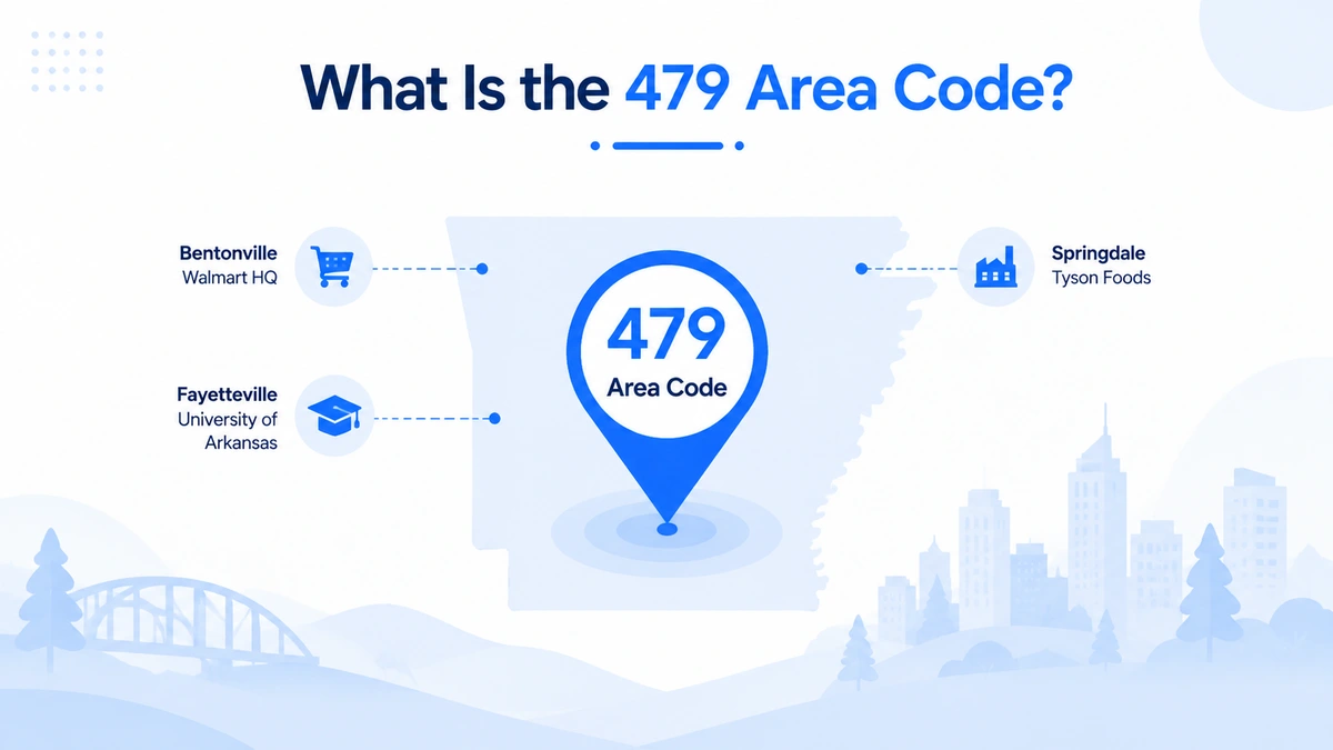 479 area code explained — created in 2001 as a split from 501, serving northwest Arkansas including Walmart HQ in Bentonville, University of Arkansas in Fayetteville, and Tyson Foods in Springdale