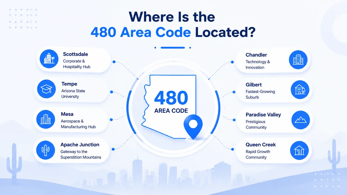480 area code cities — Scottsdale, Tempe, Mesa, Chandler, Gilbert, Paradise Valley, Apache Junction, Queen Creek across the East Valley of Maricopa County, Arizona