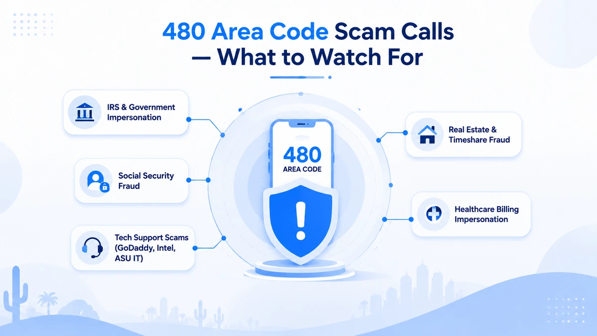 480 area code scam calls — IRS impersonation, Social Security fraud, GoDaddy and Intel tech support scams, Scottsdale real estate fraud, and healthcare billing impersonation using spoofed Arizona numbers