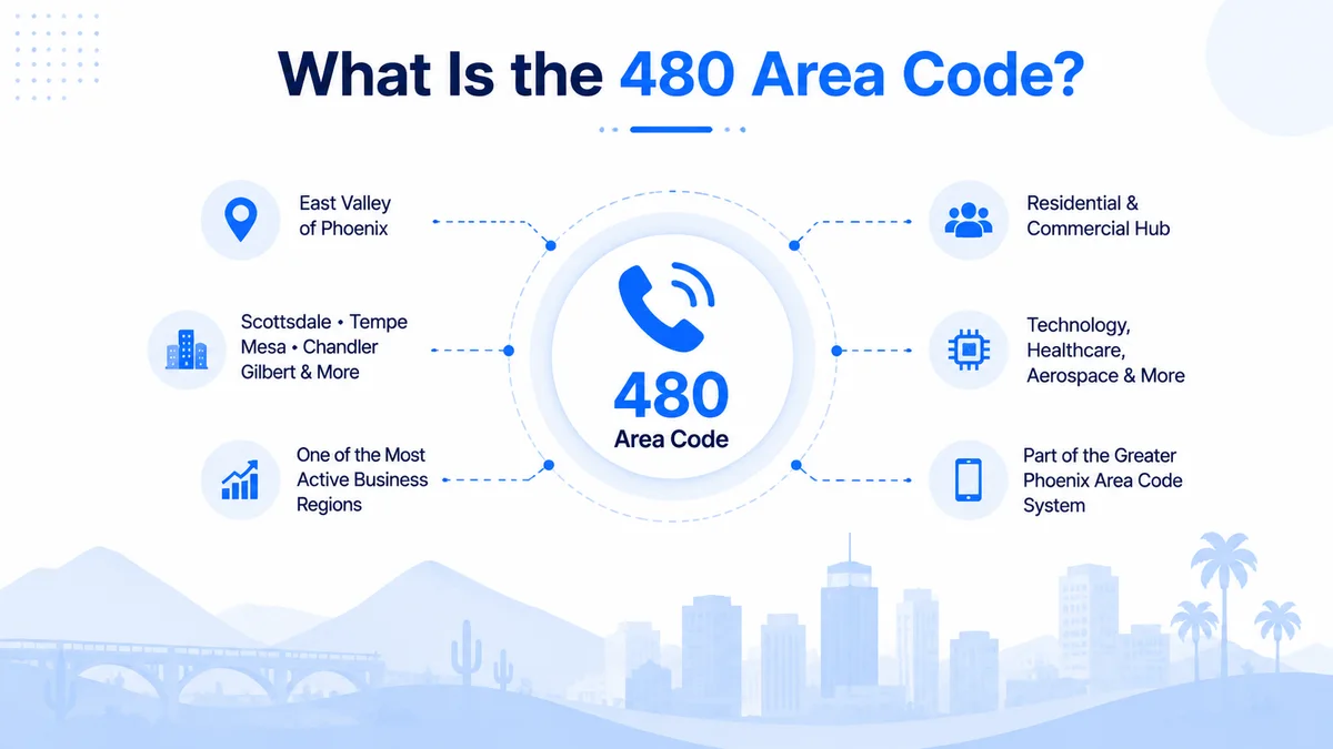 480 area code explained — created in 1999 as a geographic split from 602, serving the East Valley of metro Phoenix including Scottsdale, Tempe, Mesa, Chandler, Gilbert, and the surrounding technology corridor