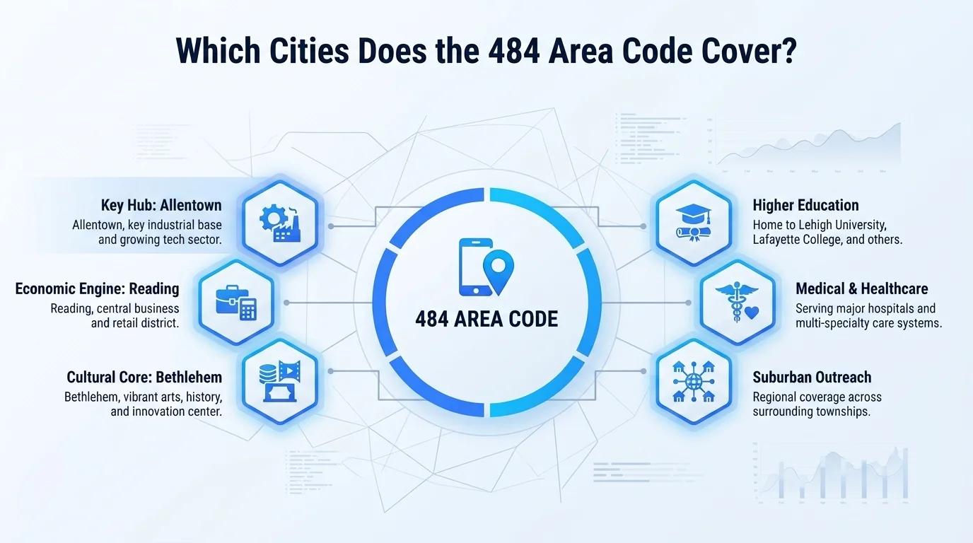 Major cities covered by the 484 area code across southeastern Pennsylvania