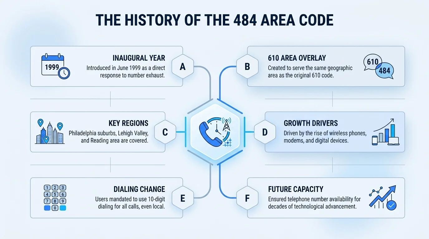 History of the 484 area code — established in 1999 as an overlay for southeastern Pennsylvania's 610 code