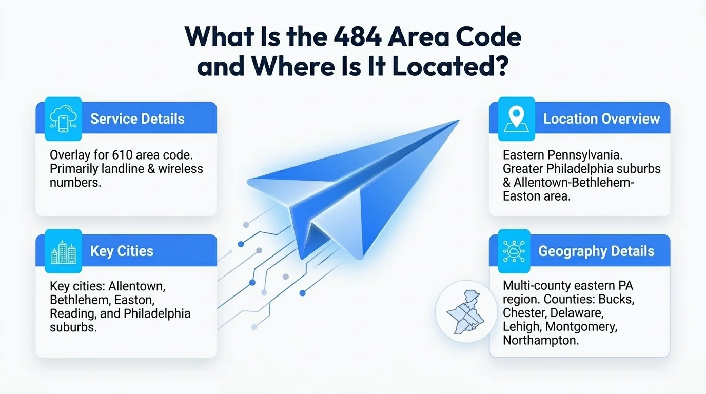 Map showing the 484 area code location across southeastern Pennsylvania suburbs