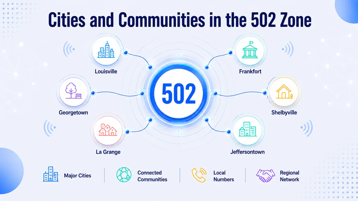 Cities in area code 502 — Louisville, Frankfort, Shelbyville, Bardstown, La Grange, Shepherdsville, Mount Washington, and Fort Knox across north-central Kentucky