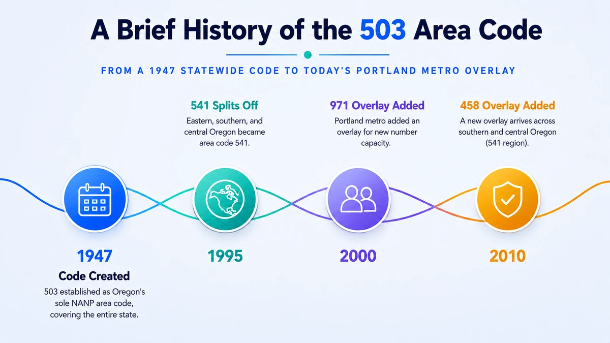 Timeline showing the history of the 503 area code from the 1947 NANP launch through the 1995 split and 2000 overlay