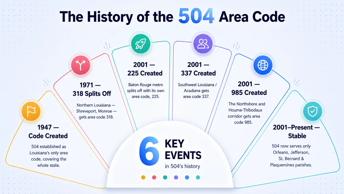 Timeline showing the history of the 504 area code from the 1947 NANP launch through the 1971 split and 2001 splits
