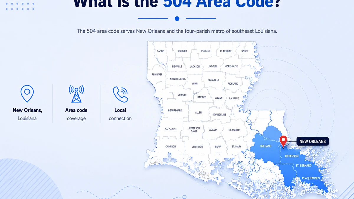 504 area code coverage map showing southeast Louisiana including New Orleans, Jefferson Parish, St. Bernard Parish, and Plaquemines Parish