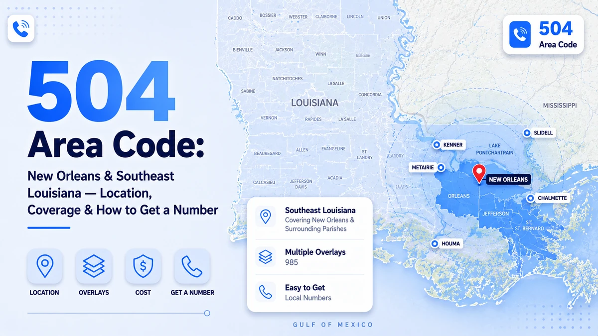 504 area code — southeast Louisiana coverage map showing New Orleans, Metairie, Kenner, and surrounding parishes