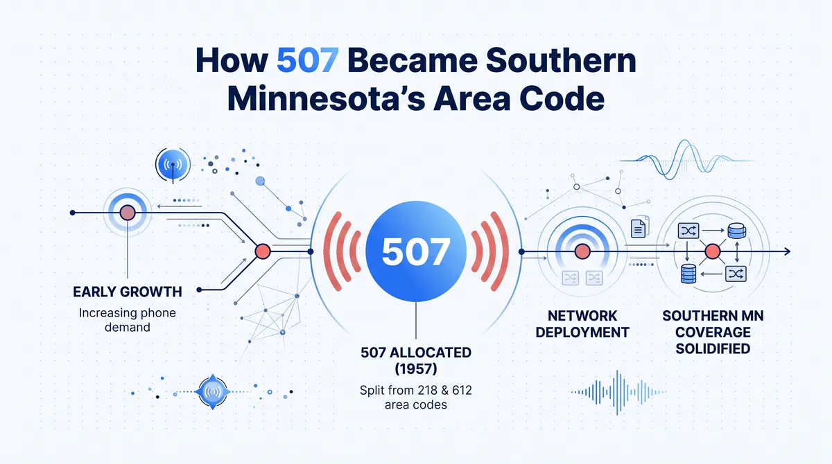 507 area code history timeline — from Minnesota's 1947 dual-code system to the 924 overlay in 2024