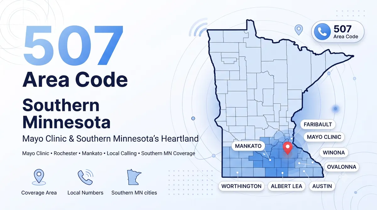 507 area code — southern Minnesota coverage map including Rochester and Mankato