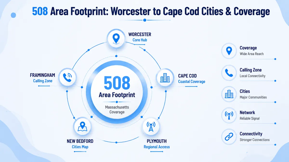 Map of the 508 area code coverage across southeastern Massachusetts, including Cape Cod, Martha's Vineyard, and Nantucket