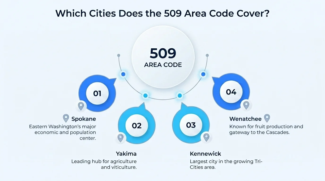 Major cities covered by the 509 area code across eastern Washington