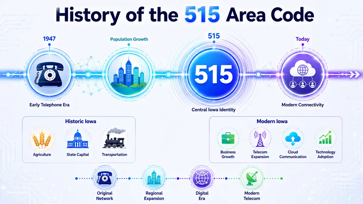 History of the 515 area code — from the original 1947 NANP assignment covering much of western and central Iowa, through the December 2000 creation of 641 that carved out north-central and south-central Iowa, to the 515 zone's modern identity as the telephone prefix for Des Moines, Ames, Ankeny, and the broader central Iowa growth corridor