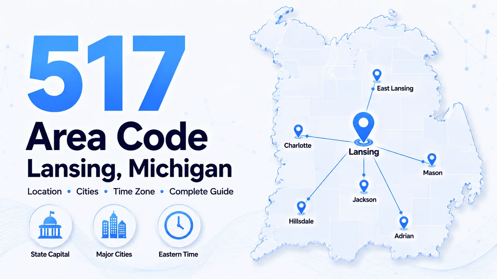Lansing Michigan state capitol building and south-central Michigan landscape — 517 area code covering Ingham, Jackson, Lenawee, and surrounding counties