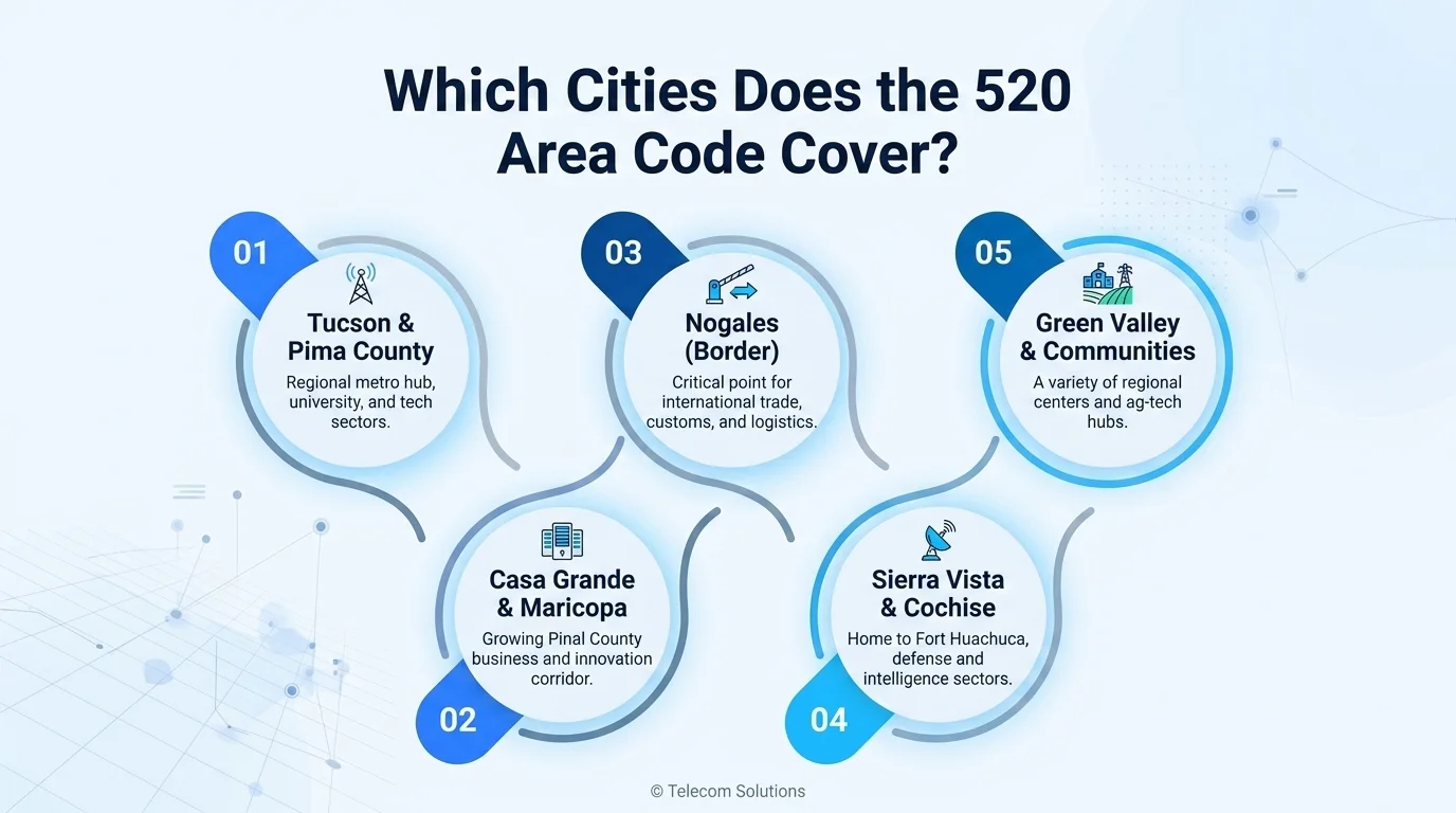 Major cities covered by the 520 area code across Tucson and southern Arizona