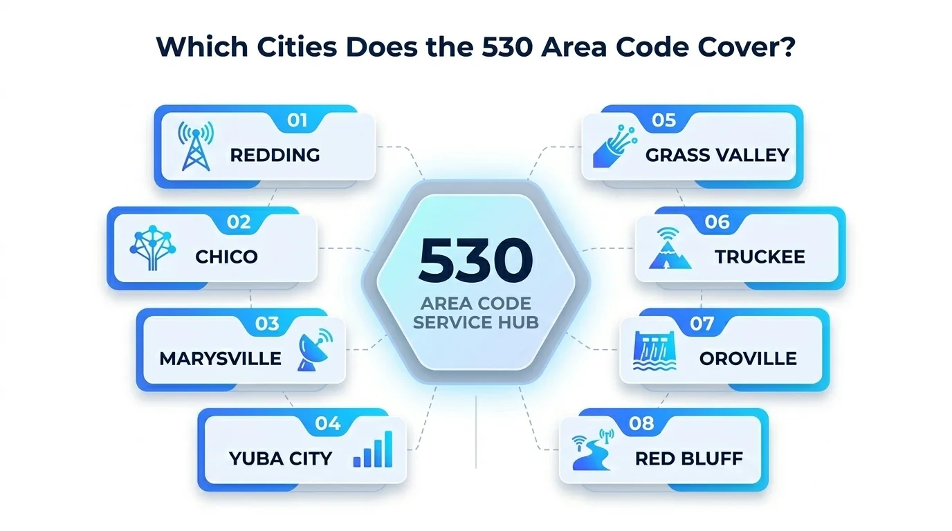 Major cities covered by the 530 area code across northern California