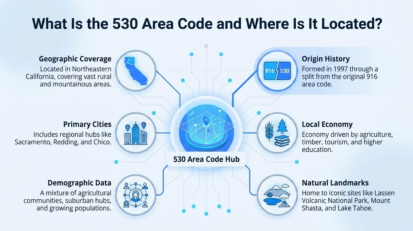 Map showing the 530 area code location across northern California counties