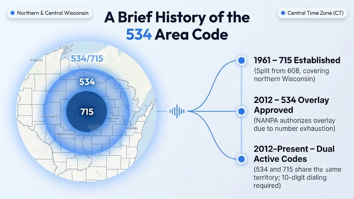 Timeline showing the history of the 534 area code from the 1961 creation of 715 through the 2012 overlay that introduced 534 to northern and central Wisconsin