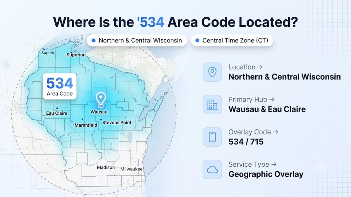 534 area code coverage map showing northern and central Wisconsin including Eau Claire, Wausau, Stevens Point, Superior, and the Wisconsin Northwoods
