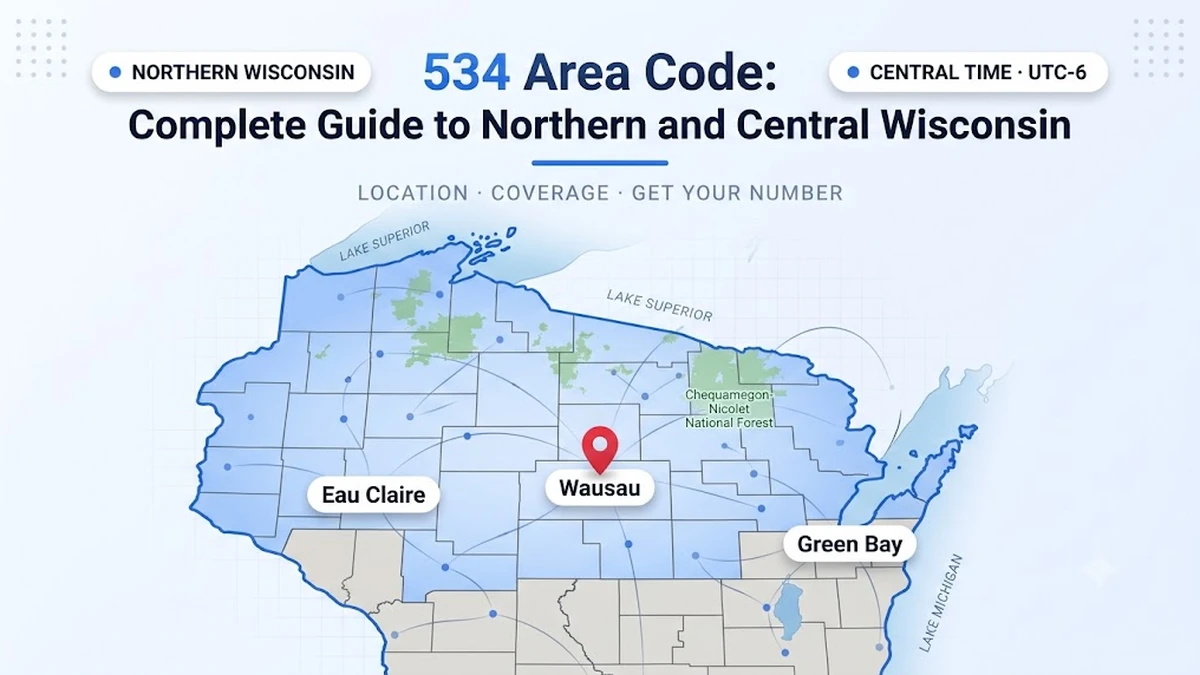 534 area code — northern and central Wisconsin coverage map showing Eau Claire, Wausau, Stevens Point, Superior, and the Northwoods