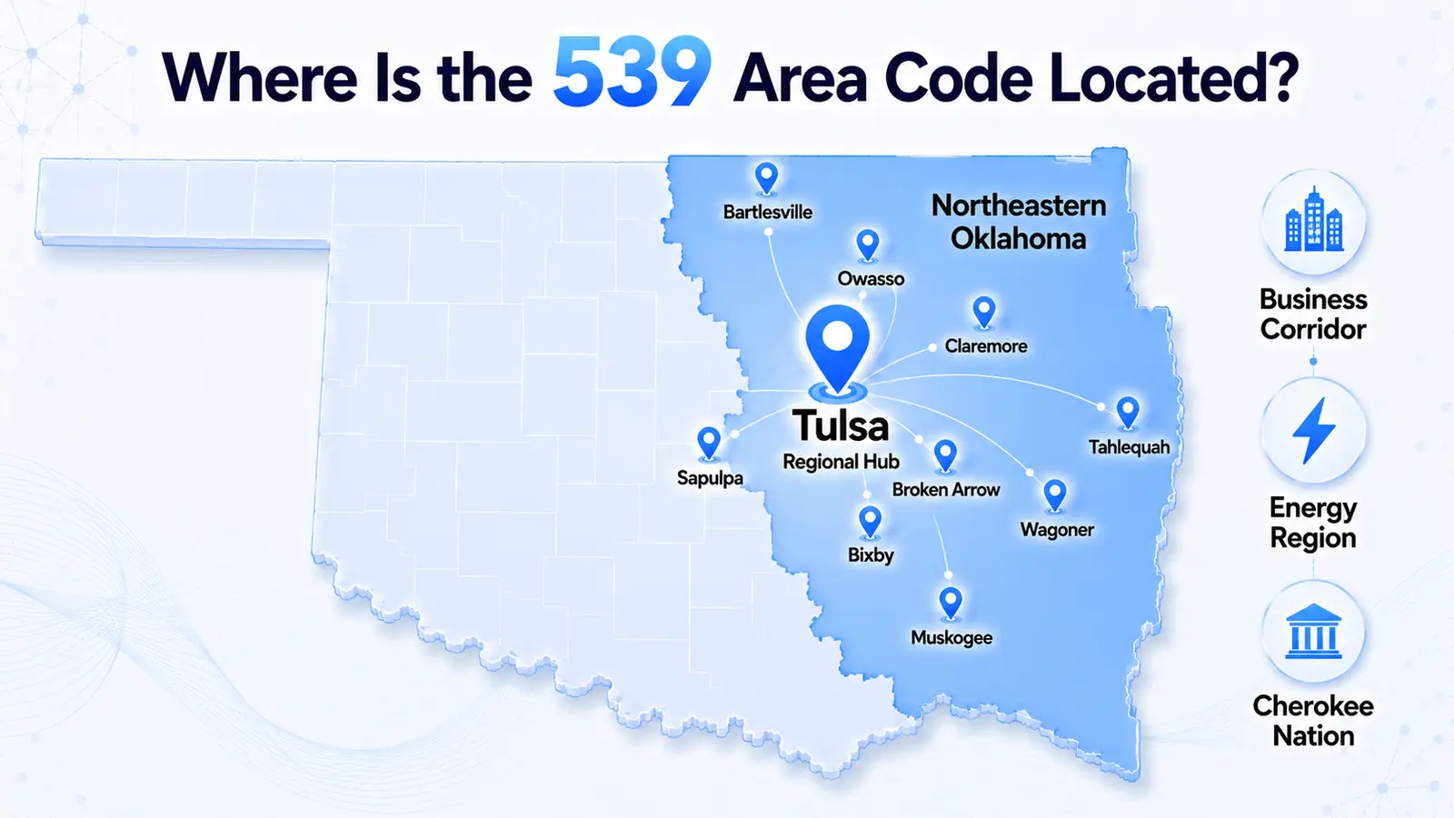 539 area code location map — northeastern Oklahoma coverage including Tulsa County, Rogers County, Washington County, Muskogee County, and surrounding counties