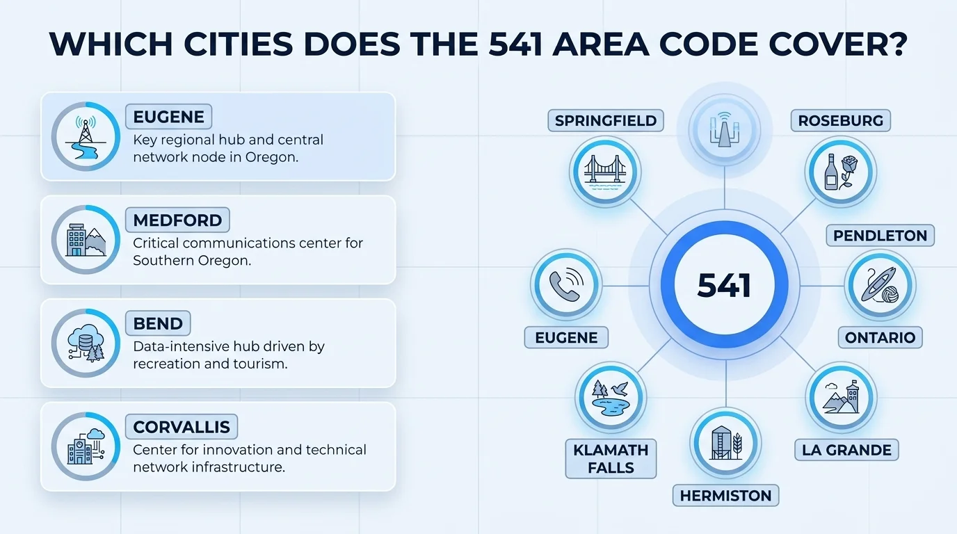 Major cities covered by the 541 area code across southern, central, and eastern Oregon