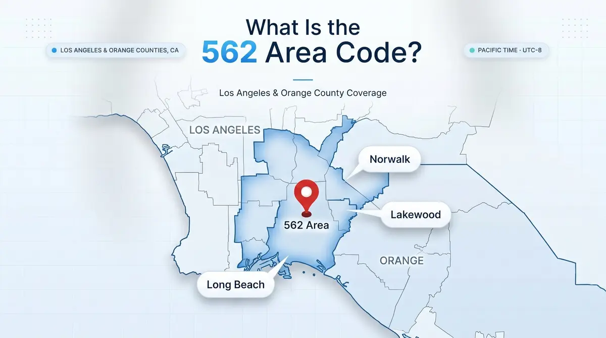 562 area code location — Southeast Los Angeles County and Northern Orange County map