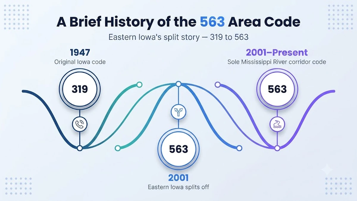 Timeline showing the history of the 563 area code from the 1947 creation of 319 through the 2001 split that created 563 for the eastern Iowa Mississippi River corridor