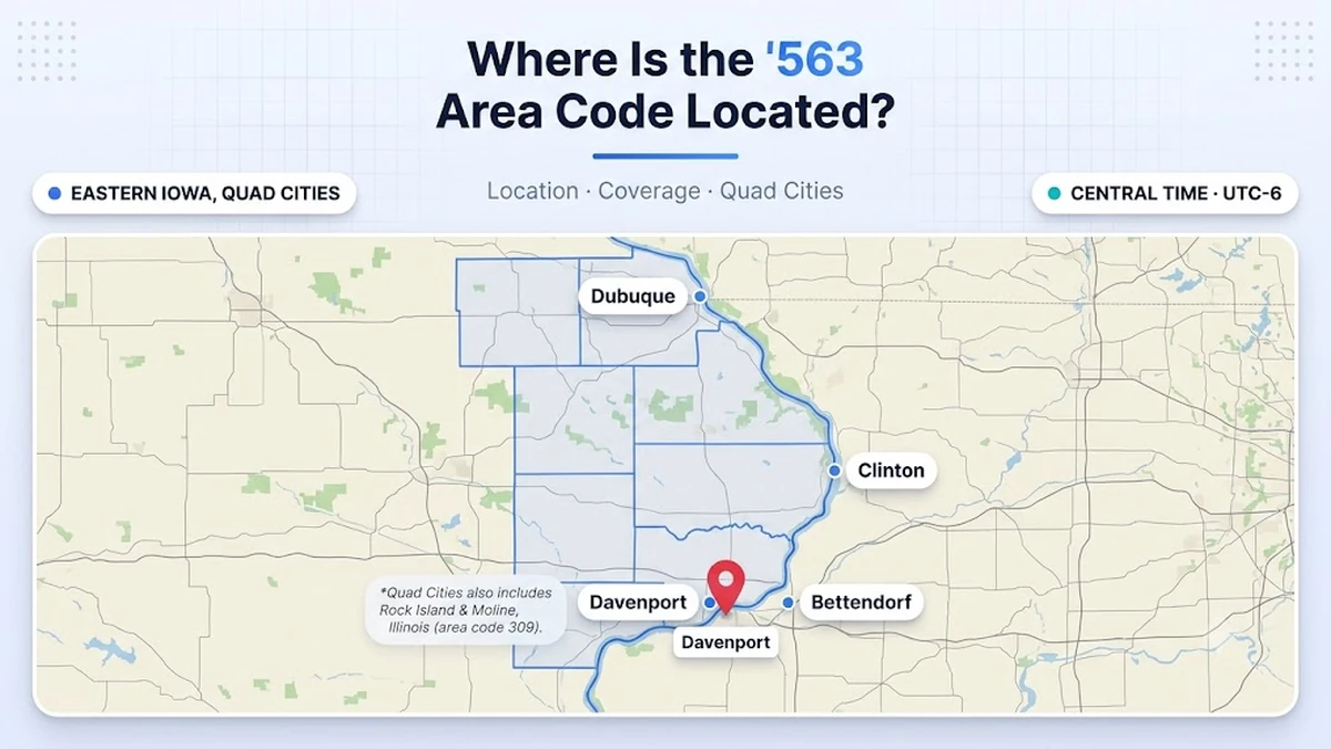 563 area code coverage map showing eastern Iowa along the Mississippi River including Davenport, Bettendorf, Dubuque, Clinton, Muscatine, and Burlington