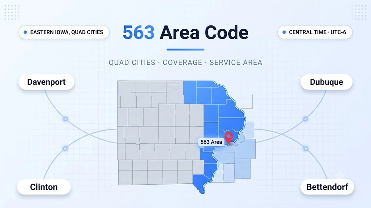 563 area code — eastern Iowa coverage map showing Davenport, Bettendorf, Dubuque, Clinton, Muscatine, and Burlington along the Mississippi River
