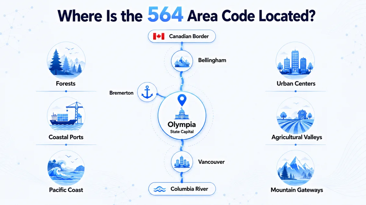 564 area code location map — western Washington coverage including Thurston County, Whatcom County, Clark County, Kitsap County, Skagit County, and surrounding counties