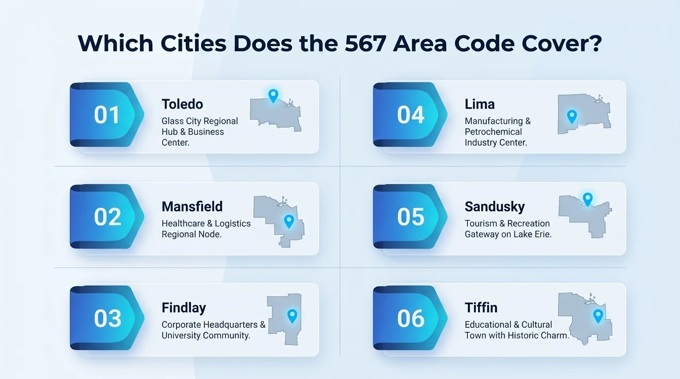 Major cities covered by the 567 area code across northwest and north-central Ohio