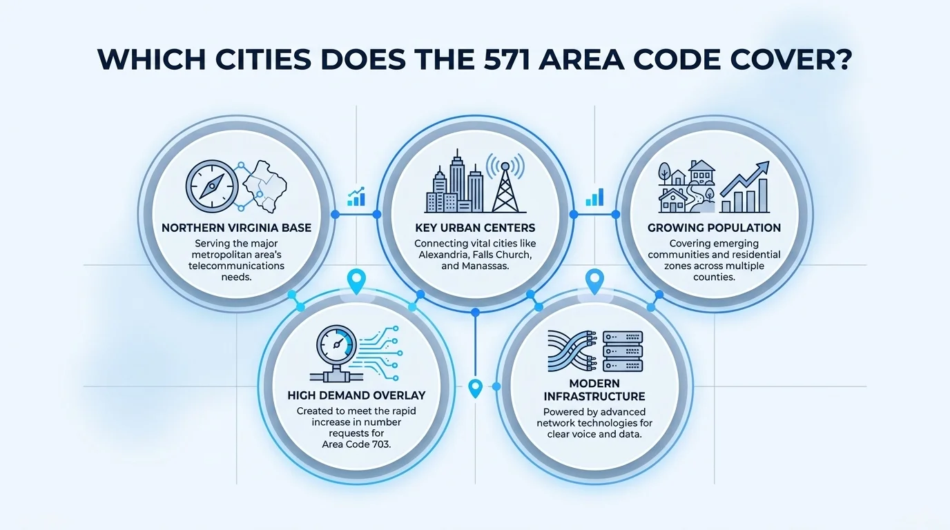 Major cities covered by the 571 area code across northern Virginia