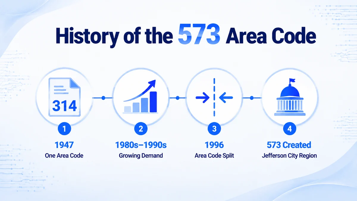 History of the 573 area code — Missouri telephone history from the original 314 area code through the 1996 split that created 573, 417, and the modern Missouri area code map