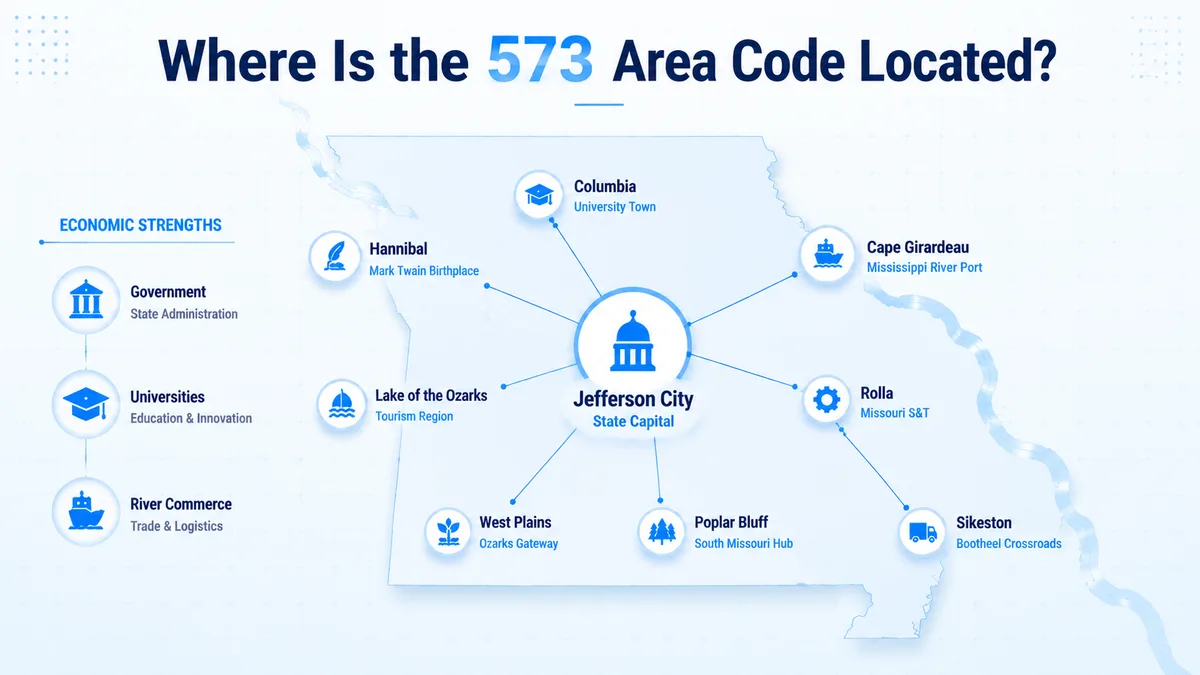 573 area code location map — southeastern and south-central Missouri coverage including Cole County, Boone County, Cape Girardeau County, Phelps County, and surrounding counties