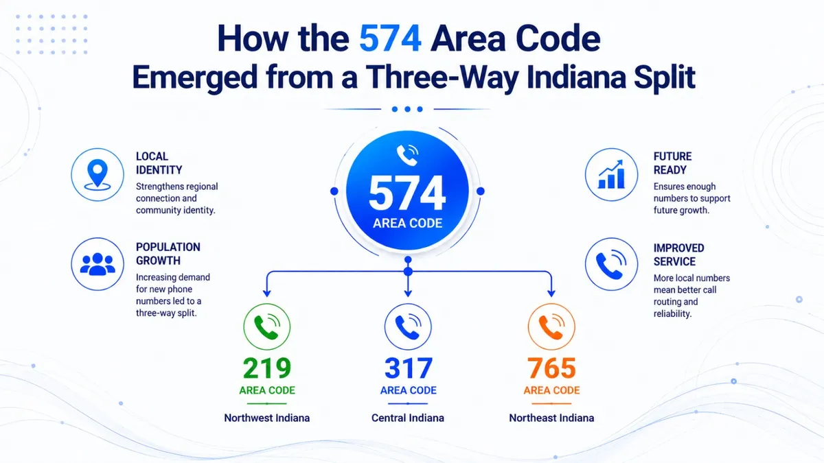 574 area code history timeline — from Indiana's original 219 in 1948 to the three-way 2002 split creating 574 and 260