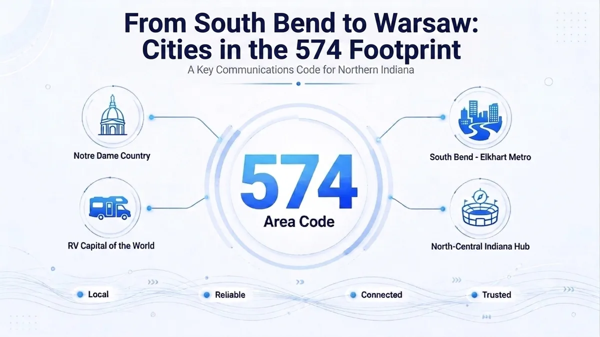 Map of the 574 area code coverage across northern Indiana, including South Bend, Elkhart, Mishawaka, and Goshen