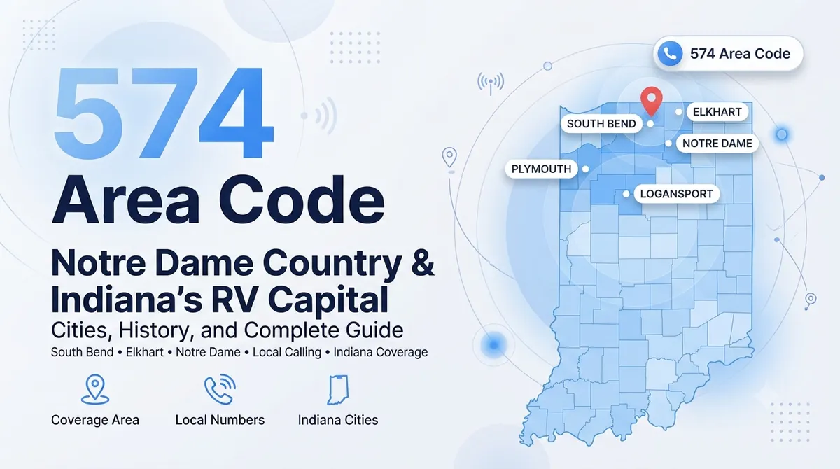 574 area code — northern Indiana coverage map including South Bend, Elkhart, Mishawaka, and Notre Dame