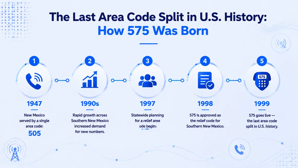 575 area code history timeline — from New Mexico's 505 origin in 1947 to the 575 geographic split on October 7, 2007