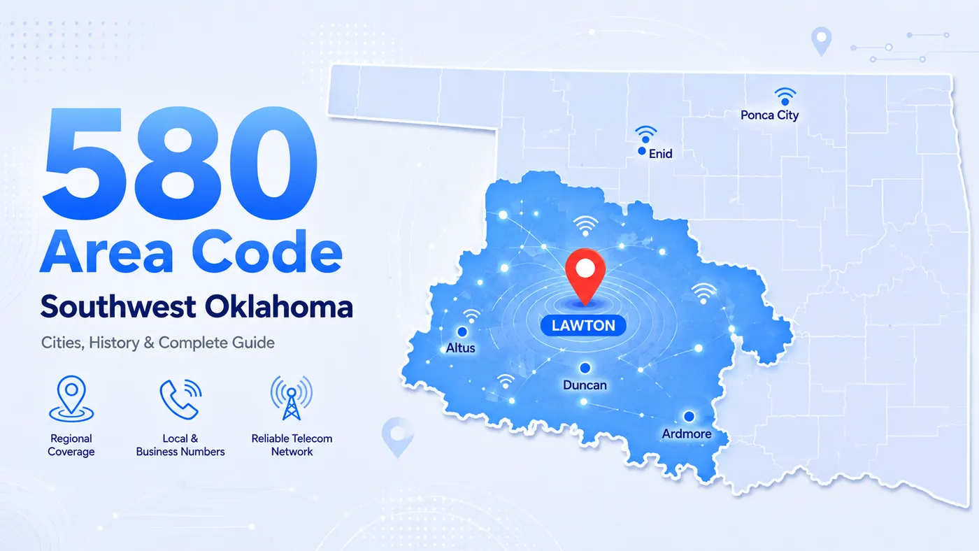 580 area code — southwest Oklahoma map covering Lawton, Enid, Ardmore, Durant, Ponca City, Altus, and Woodward across the former 405 territory