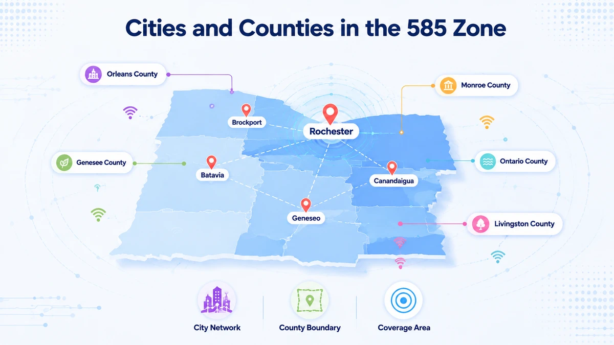 585 area code cities — map of Rochester, Canandaigua, Geneva, Batavia, Geneseo, Brockport, Victor, Fairport, Pittsford, and other western New York communities