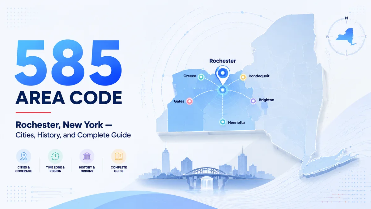 What is the 585 area code — western New York map showing Rochester, Canandaigua, Geneva, Batavia, and Geneseo across nine counties split from 716 in 2001
