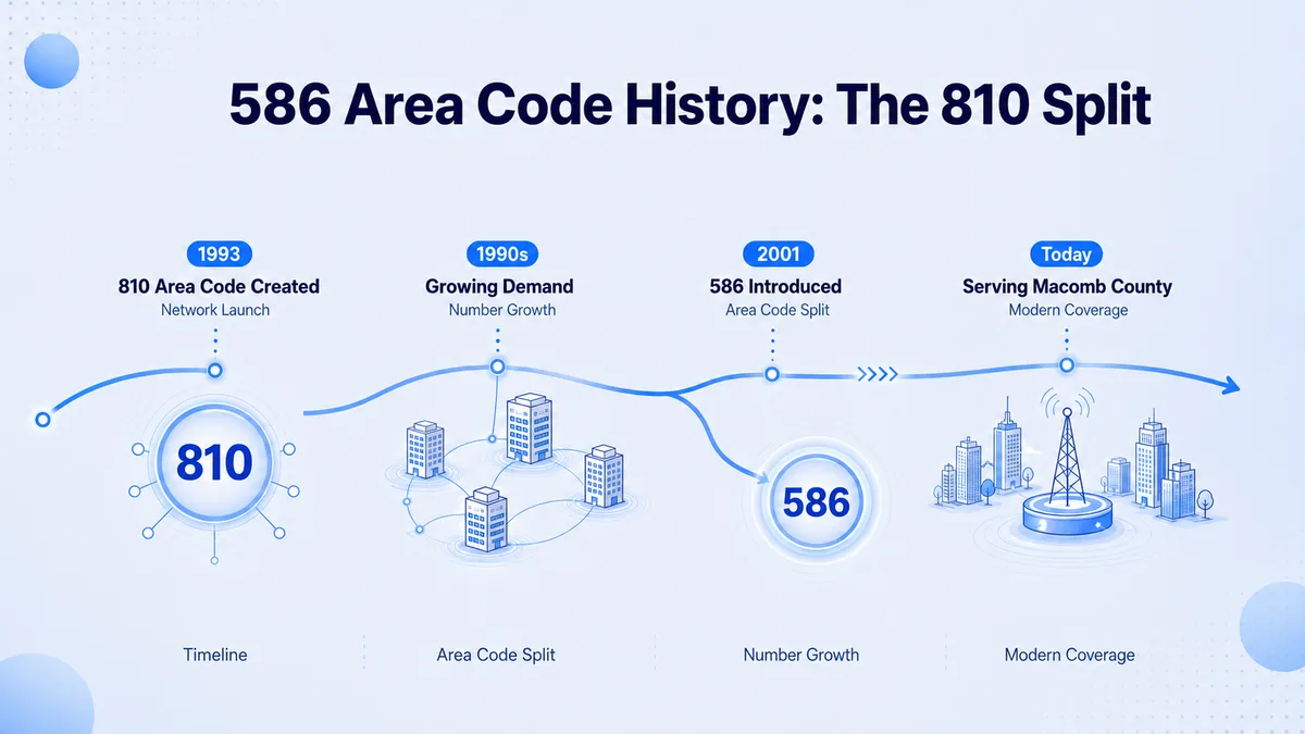 History of the 586 area code — Michigan's 2001 geographic split from 810, tracing Macomb County's telephony from the 1947 Bell System through the 1993 313 split and the 2001 586 launch