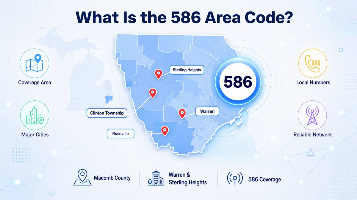 What is the 586 area code — Macomb County Michigan territory covering Warren, Sterling Heights, Clinton Township, Roseville, and Mount Clemens in the northeastern Detroit suburbs