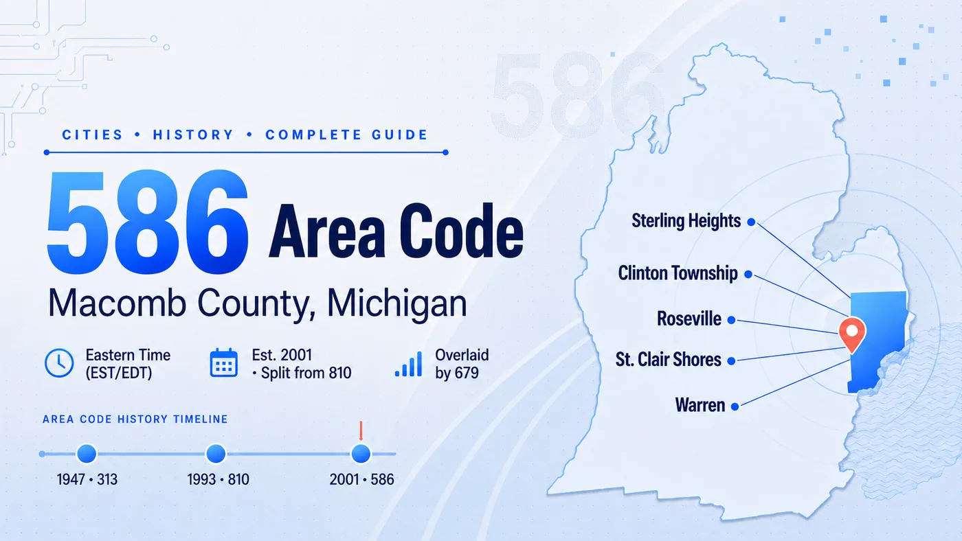 586 area code — Macomb County Michigan map covering Warren, Sterling Heights, Clinton Township, Roseville, and Mount Clemens in the northeastern Detroit suburbs